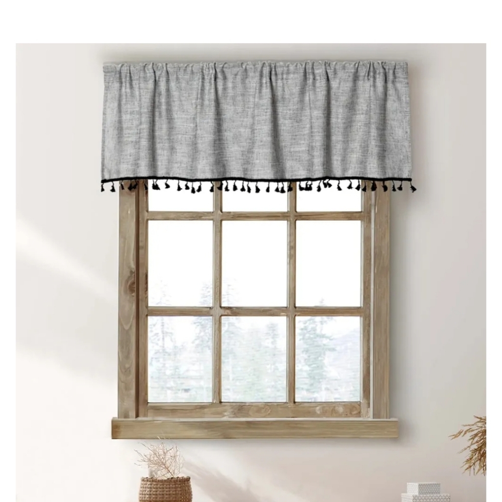 Boho Tassel‎  Valance for  Modern Farmhouse Cotton Linen GRAY/BLK NWOT